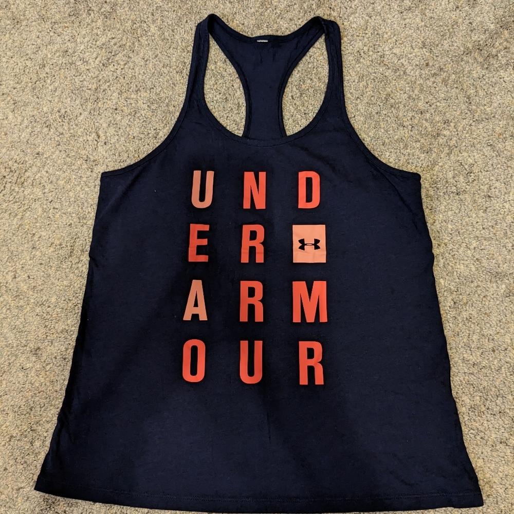 Under Armour Navy with coral writing Racerback tank - Picture 5 of 6